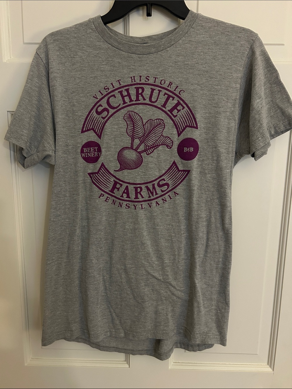 Ripple Junction Gray Short-Sleeve Tee with Purple Schrute Farms Graphic